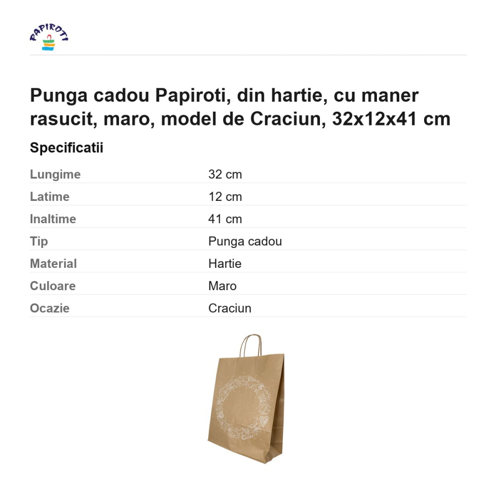 Punga cadou Papiroti, din hartie, cu maner rasucit, maro, model de Craciun, 32x12x41 cm [3]