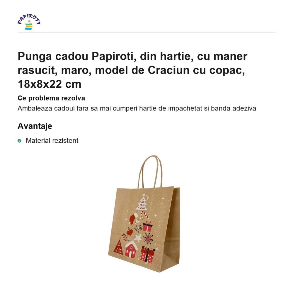 Punga cadou Papiroti, din hartie, cu maner rasucit, maro, model de Craciun cu copac, 18x8x22 cm [2]
