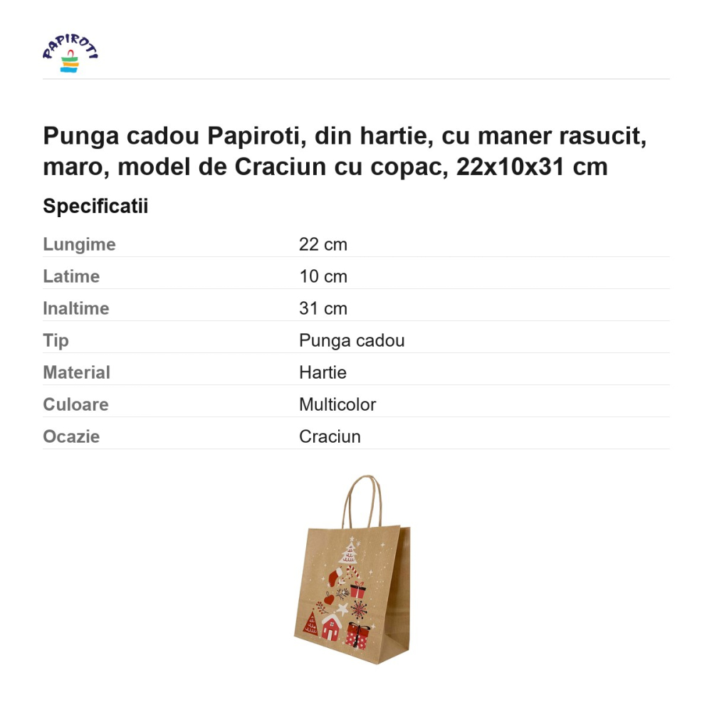 Punga cadou Papiroti, din hartie, cu maner rasucit, maro, model de Craciun cu copac, 22x10x31 cm [3]