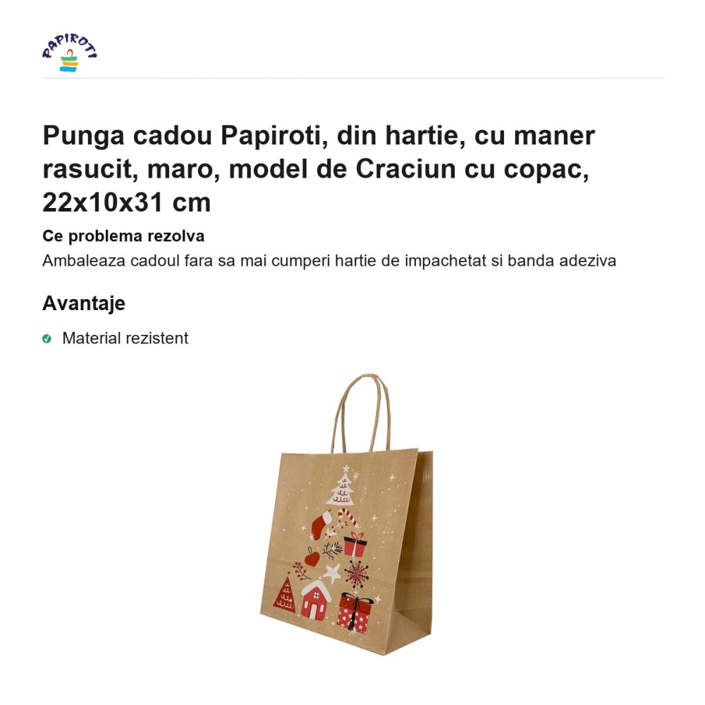 Punga cadou Papiroti, din hartie, cu maner rasucit, maro, model de Craciun cu copac, 22x10x31 cm [2]