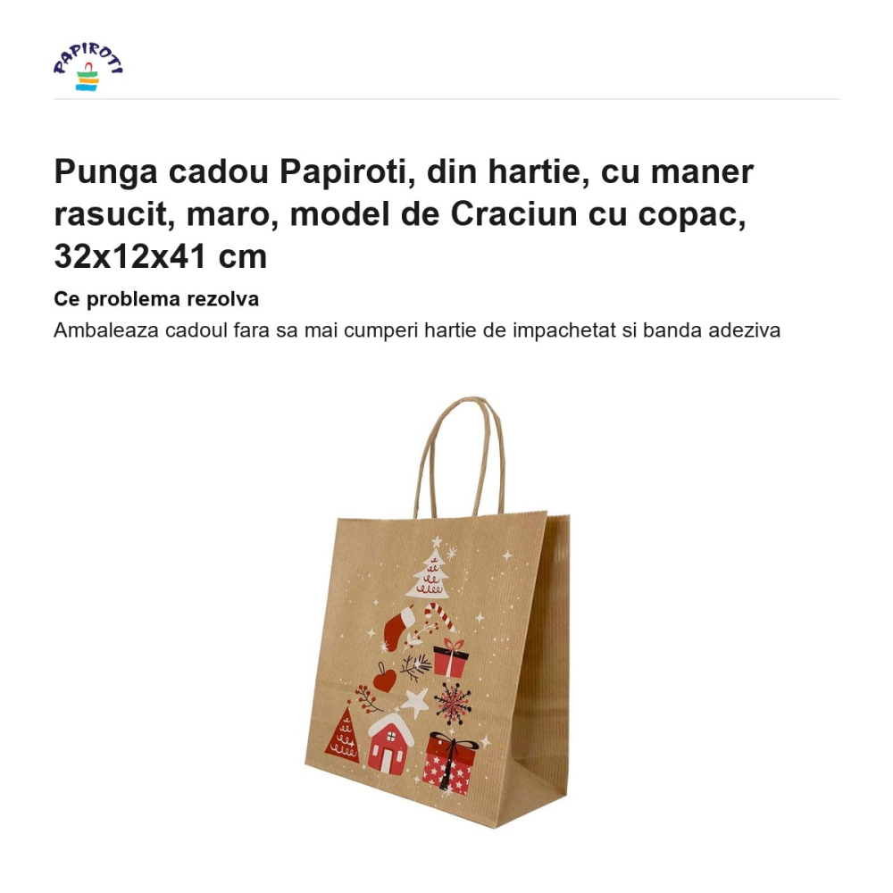 Punga cadou Papiroti, din hartie, cu maner rasucit, maro, model de Craciun cu copac, 32x12x41 cm [2]
