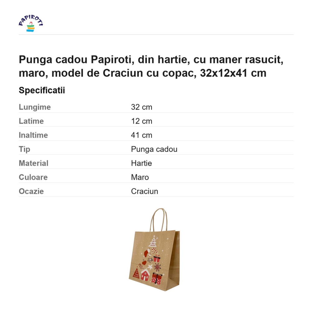 Punga cadou Papiroti, din hartie, cu maner rasucit, maro, model de Craciun cu copac, 32x12x41 cm [3]