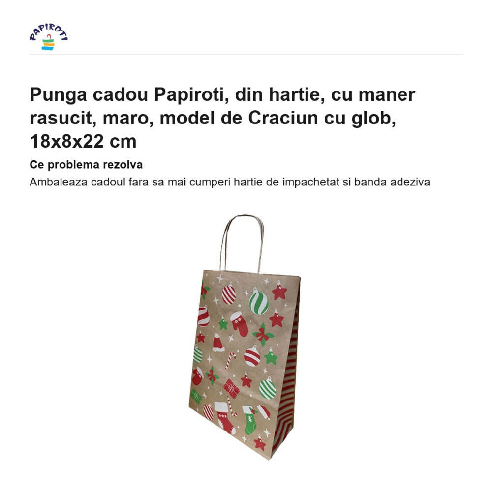 Punga cadou Papiroti, din hartie, cu maner rasucit, maro, model de Craciun cu glob, 18x8x22 cm [2]