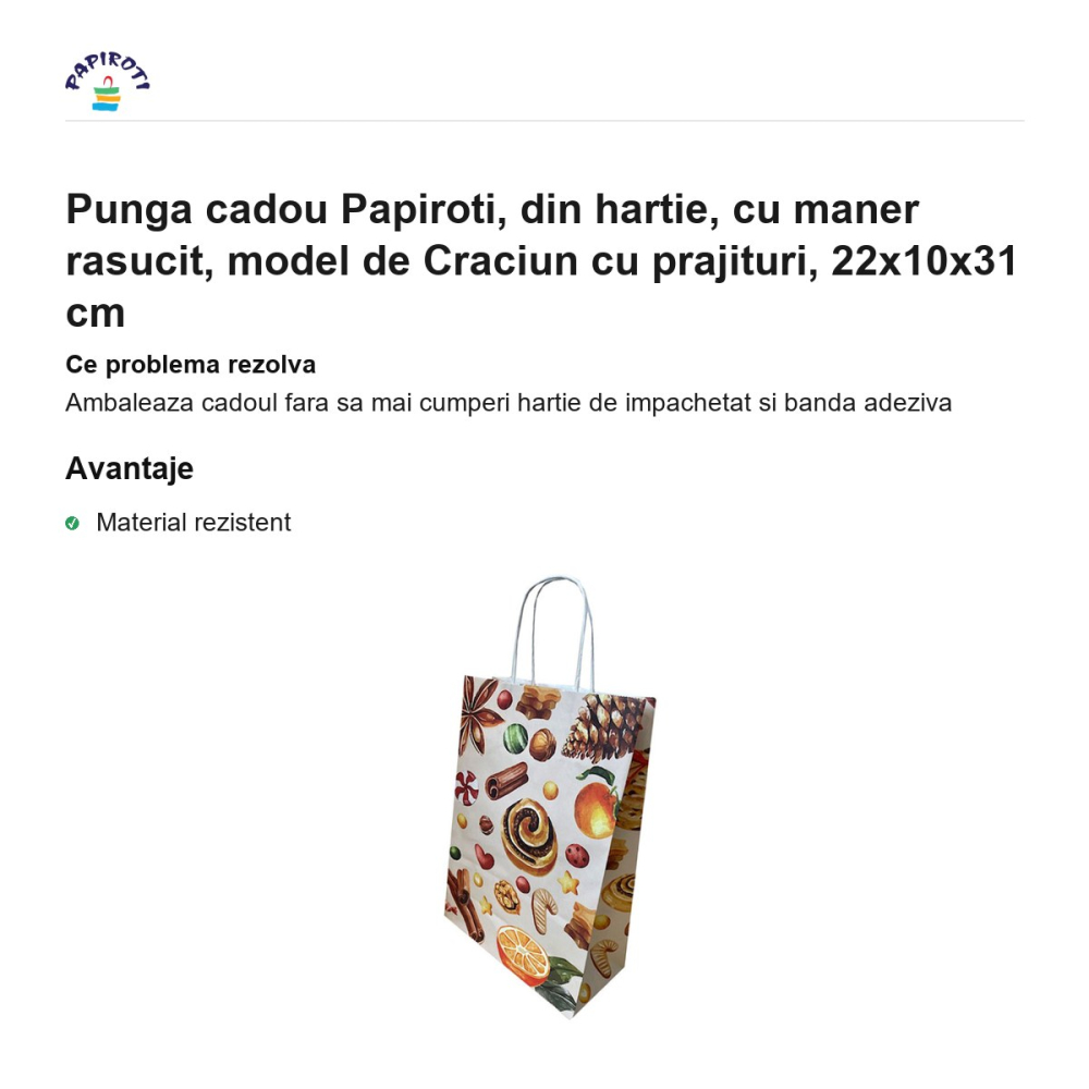 Punga cadou Papiroti, din hartie, cu maner rasucit, model de Craciun cu prajituri, 22x10x31 cm [2]