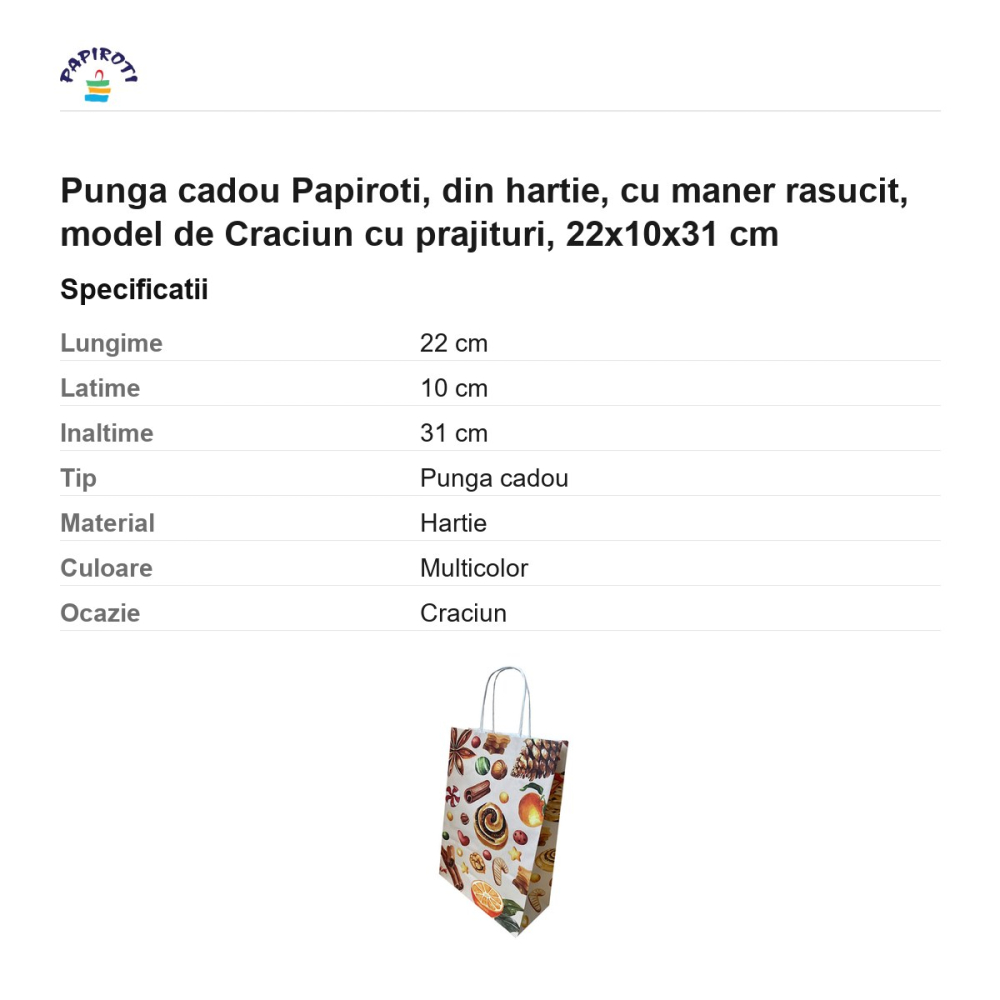 Punga cadou Papiroti, din hartie, cu maner rasucit, model de Craciun cu prajituri, 22x10x31 cm [3]