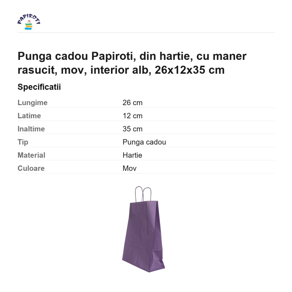 Punga cadou Papiroti, din hartie, cu maner rasucit, mov, interior alb, 26x12x35 cm [3]