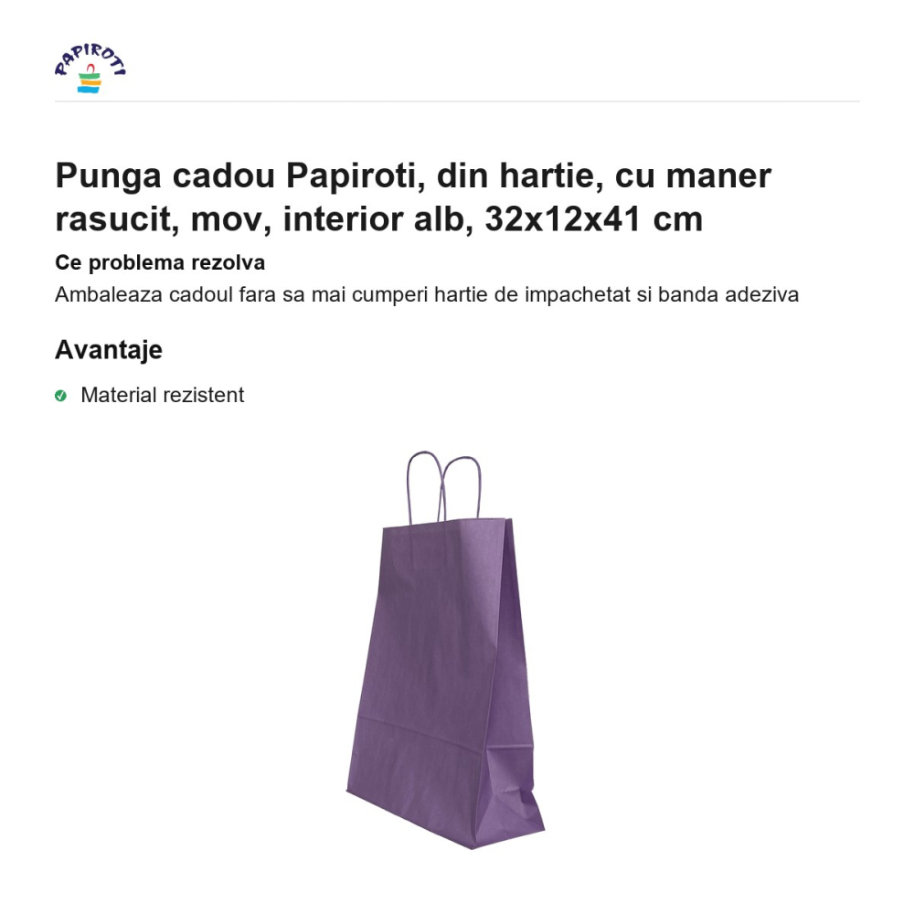 Punga cadou Papiroti, din hartie, cu maner rasucit, mov, interior alb, 32x12x41 cm [2]