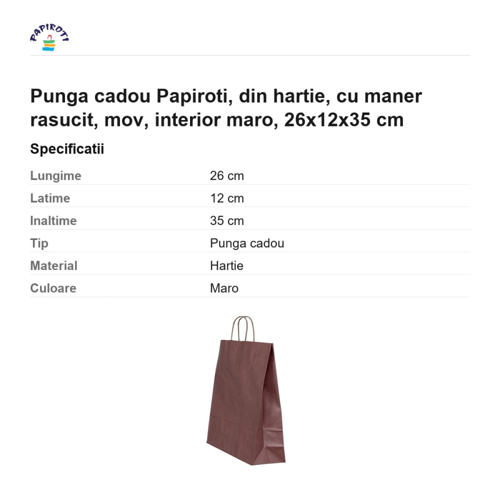 Punga cadou Papiroti, din hartie, cu maner rasucit, mov, interior maro, 26x12x35 cm [3]