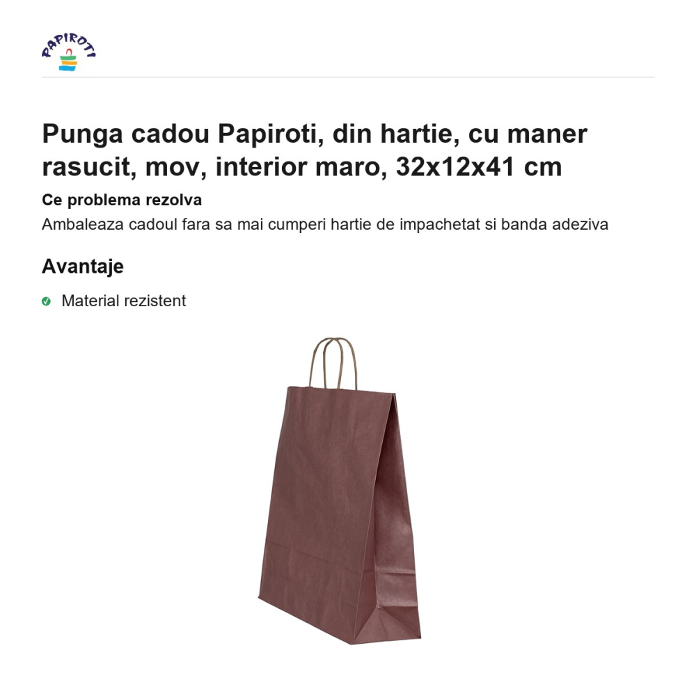 Punga cadou Papiroti, din hartie, cu maner rasucit, mov, interior maro, 32x12x41 cm [2]
