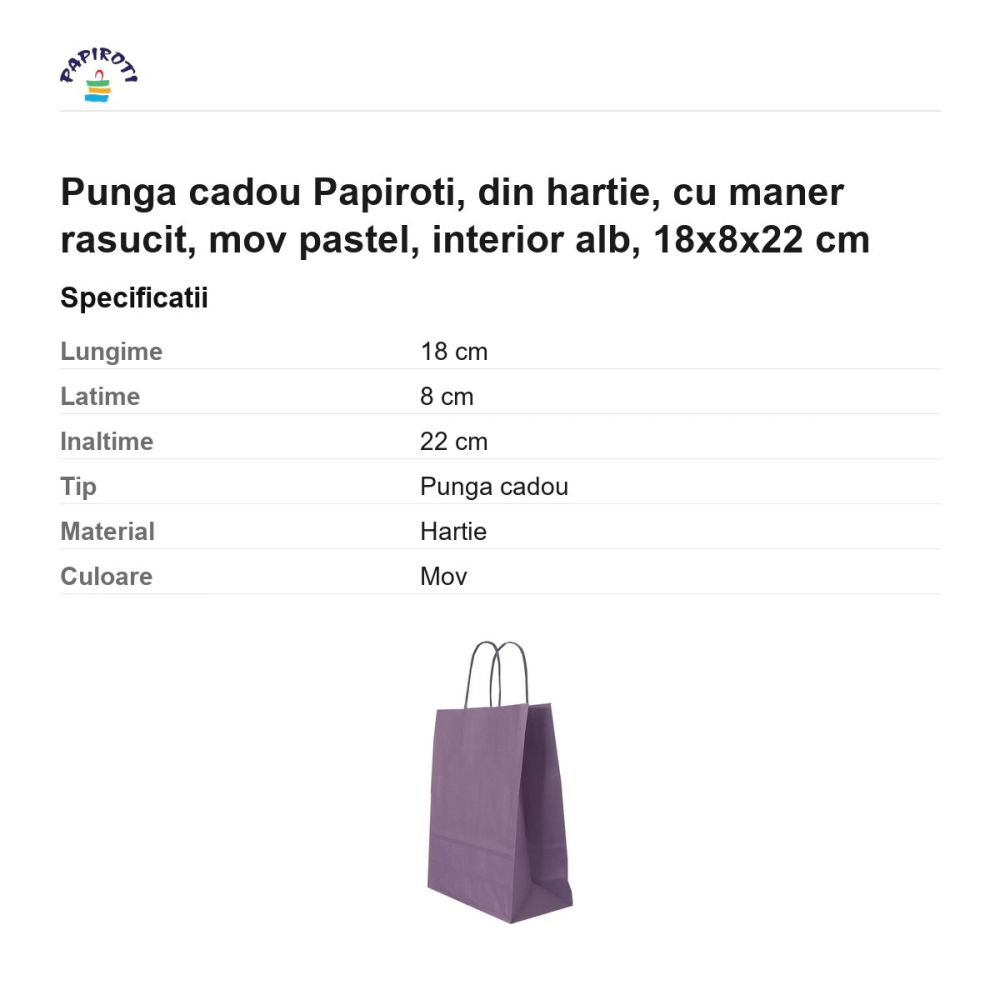 Punga cadou Papiroti, din hartie, cu maner rasucit, mov pastel, interior alb, 18x8x22 cm [3]