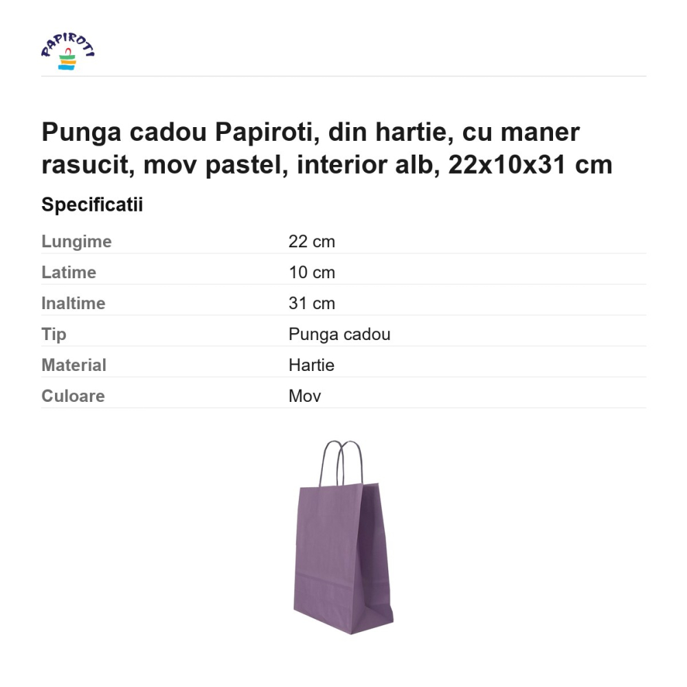 Punga cadou Papiroti, din hartie, cu maner rasucit, mov pastel, interior alb, 22x10x31 cm [3]