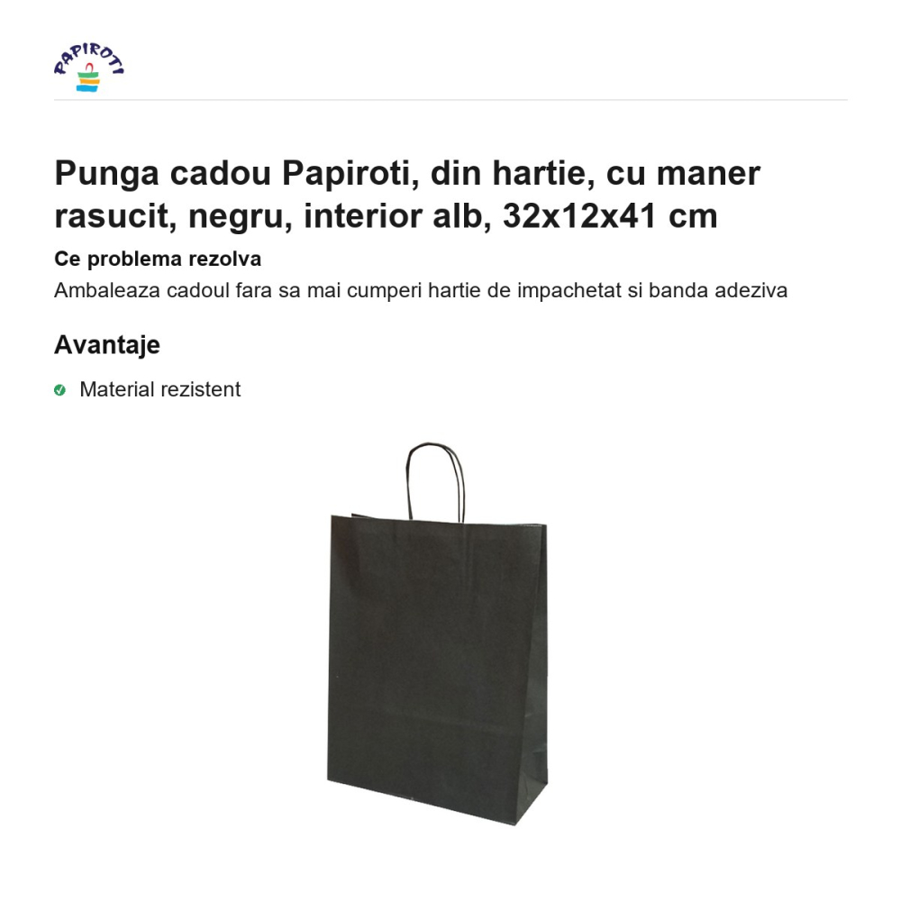 Punga cadou Papiroti, din hartie, cu maner rasucit, negru, interior alb, 32x12x41 cm [2]