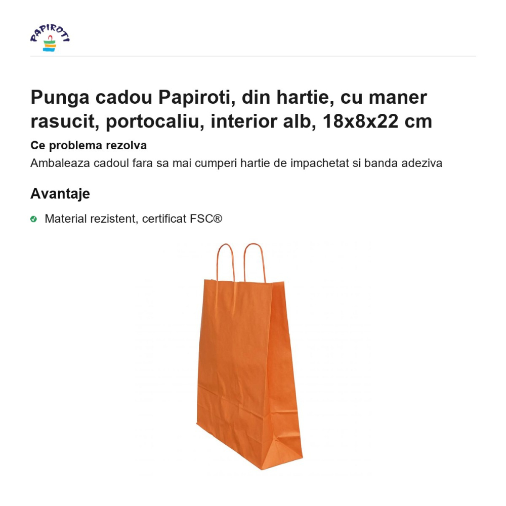 Punga cadou Papiroti, din hartie, cu maner rasucit, portocaliu, interior alb, 18x8x22 cm [2]