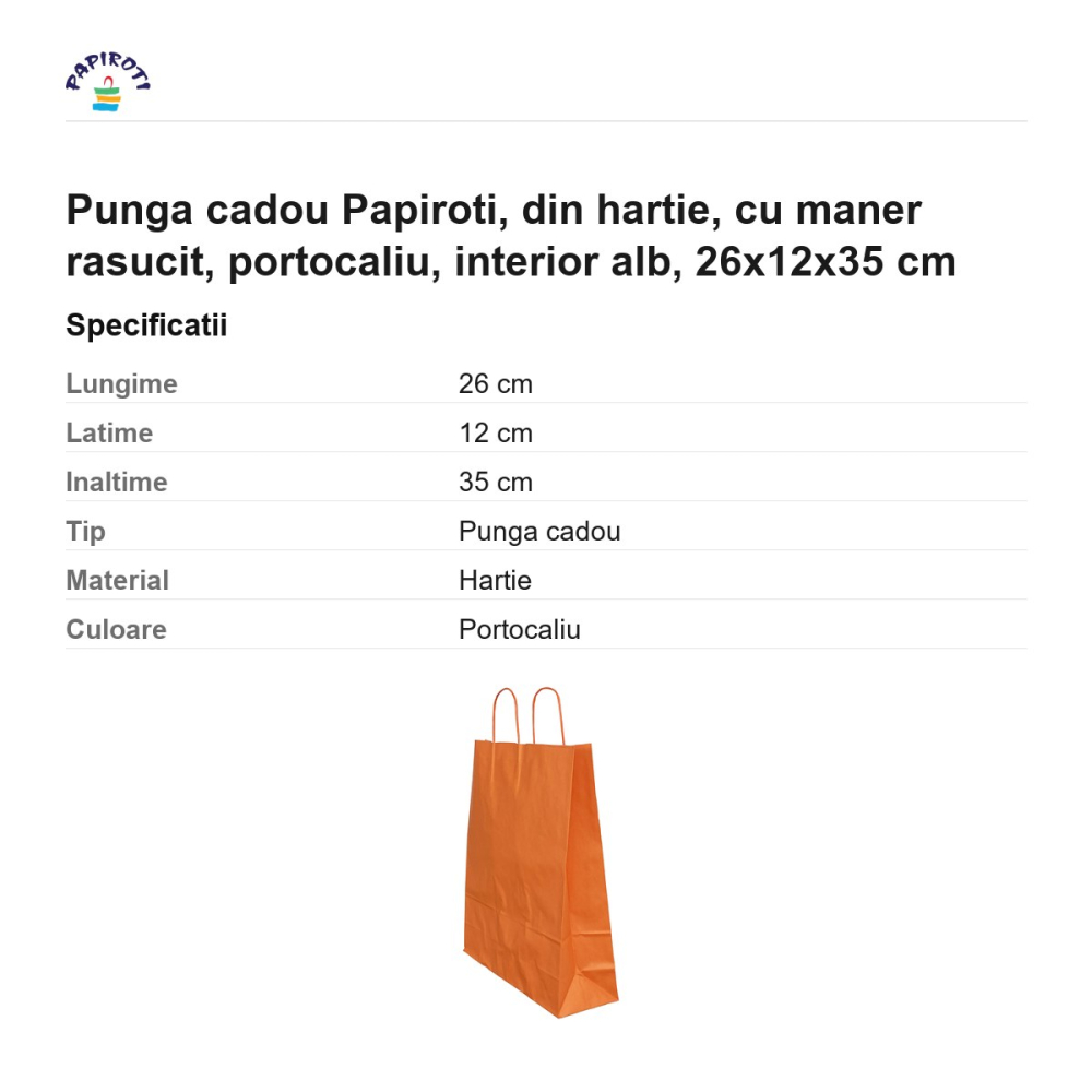 Punga cadou Papiroti, din hartie, cu maner rasucit, portocaliu, interior alb, 26x12x35 cm [3]