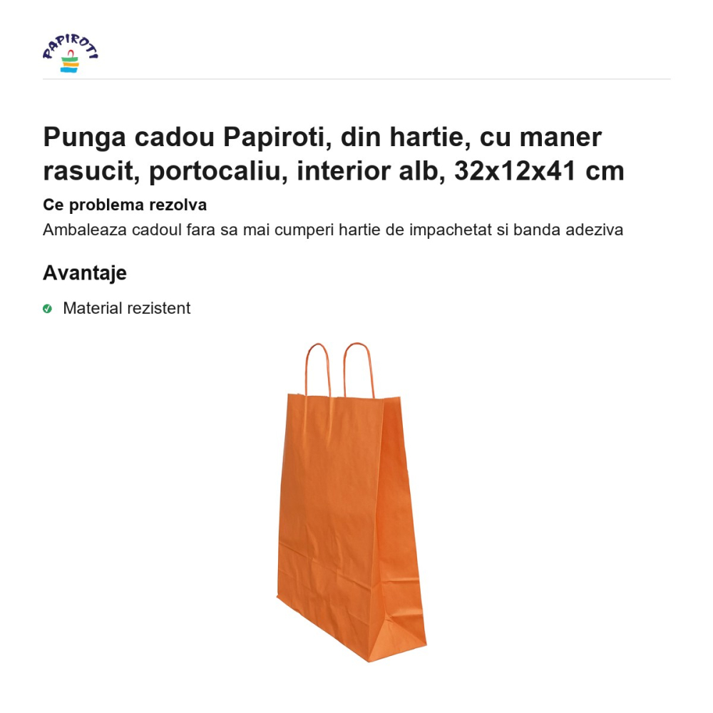Punga cadou Papiroti, din hartie, cu maner rasucit, portocaliu, interior alb, 32x12x41 cm [2]