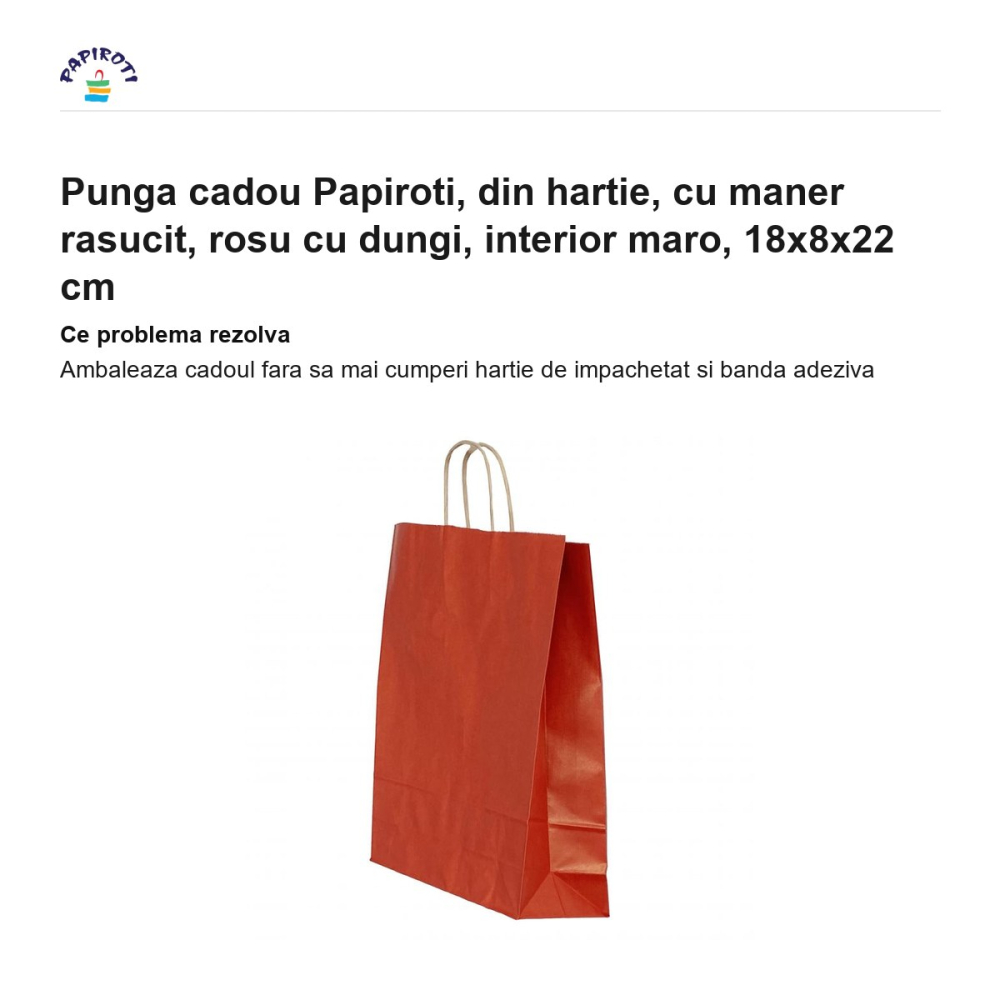 Punga cadou Papiroti, din hartie, cu maner rasucit, rosu cu dungi, interior maro, 18x8x22 cm [2]