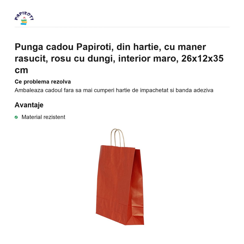 Punga cadou Papiroti, din hartie, cu maner rasucit, rosu cu dungi, interior maro, 26x12x35 cm [2]