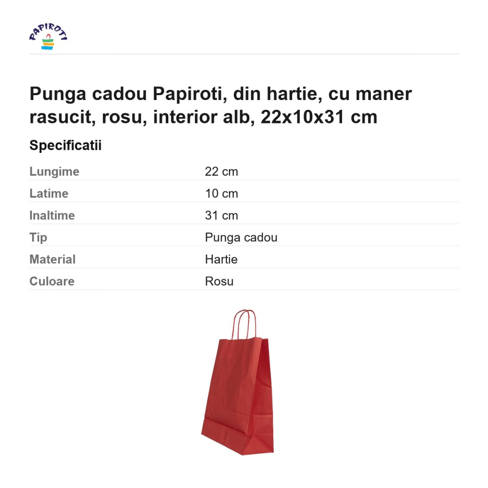 Punga cadou Papiroti, din hartie, cu maner rasucit, rosu, interior alb, 22x10x31 cm [3]