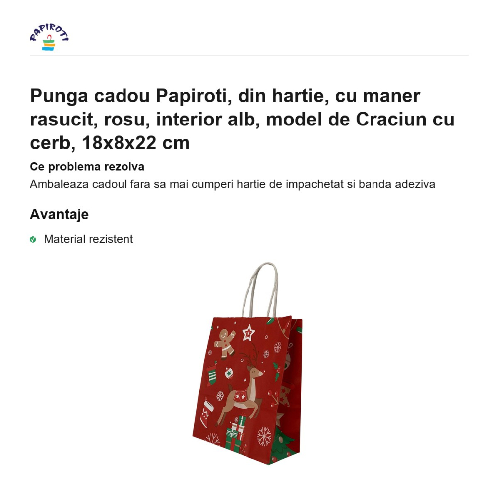 Punga cadou Papiroti, din hartie, cu maner rasucit, rosu, interior alb, model de Craciun cu cerb, 18x8x22 cm [2]