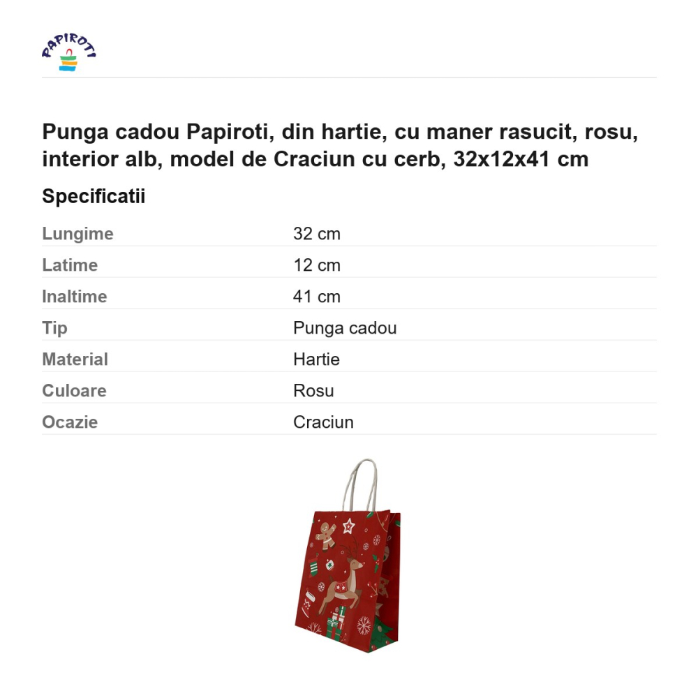 Punga cadou Papiroti, din hartie, cu maner rasucit, rosu, interior alb, model de Craciun cu cerb, 32x12x41 cm [3]