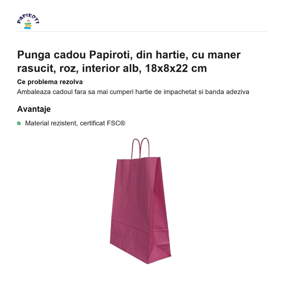 Punga cadou Papiroti, din hartie, cu maner rasucit, roz, interior alb, 18x8x22 cm [2]