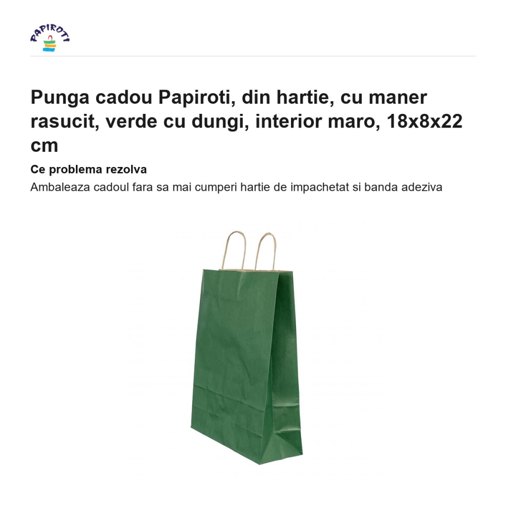 Punga cadou Papiroti, din hartie, cu maner rasucit, verde cu dungi, interior maro, 18x8x22 cm [2]