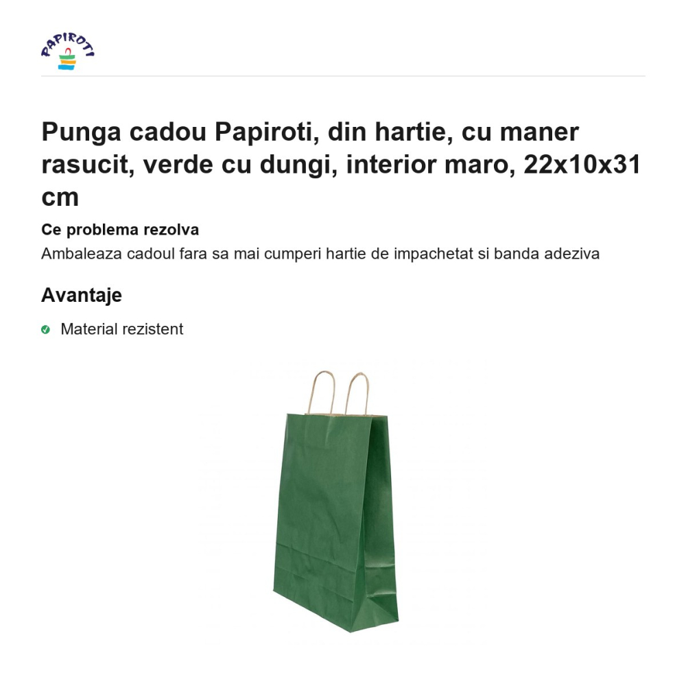 Punga cadou Papiroti, din hartie, cu maner rasucit, verde cu dungi, interior maro, 22x10x31 cm [2]