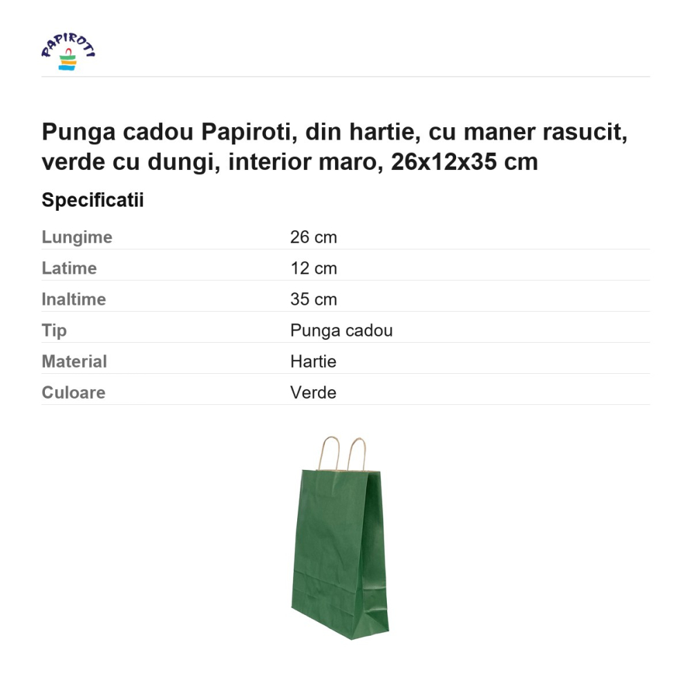 Punga cadou Papiroti, din hartie, cu maner rasucit, verde cu dungi, interior maro, 26x12x35 cm [3]
