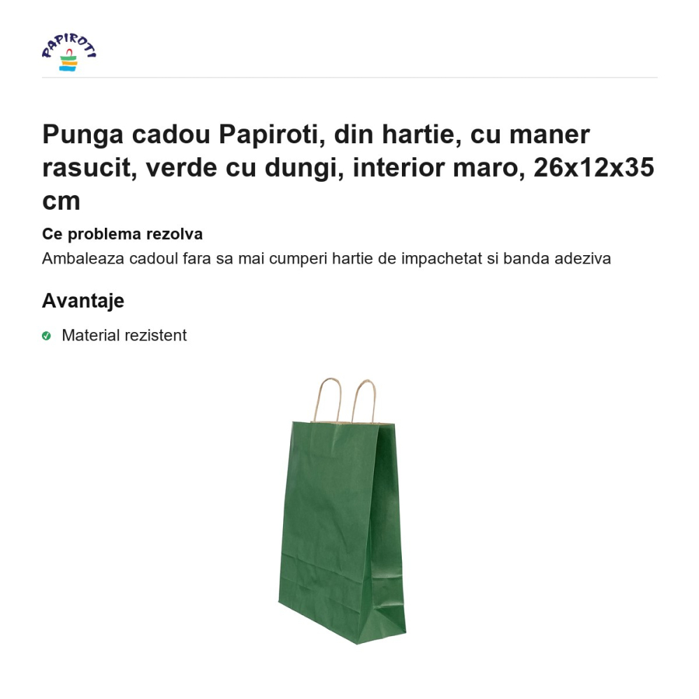 Punga cadou Papiroti, din hartie, cu maner rasucit, verde cu dungi, interior maro, 26x12x35 cm [2]