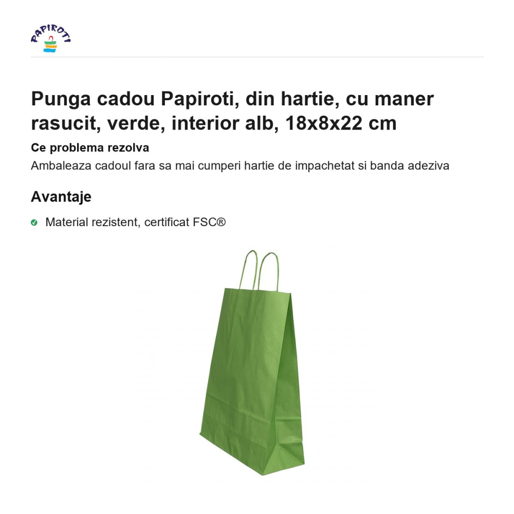 Punga cadou Papiroti, din hartie, cu maner rasucit, verde, interior alb, 18x8x22 cm [2]