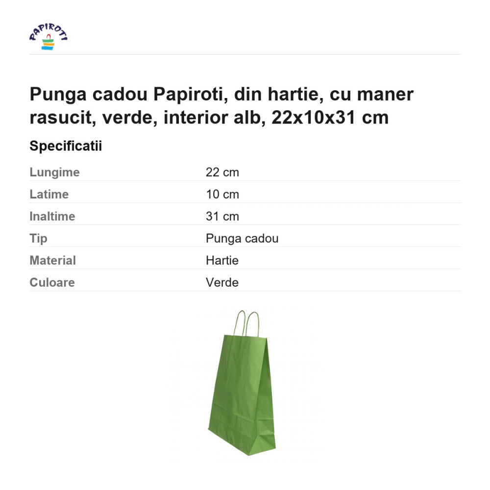 Punga cadou Papiroti, din hartie, cu maner rasucit, verde, interior alb, 22x10x31 cm [3]