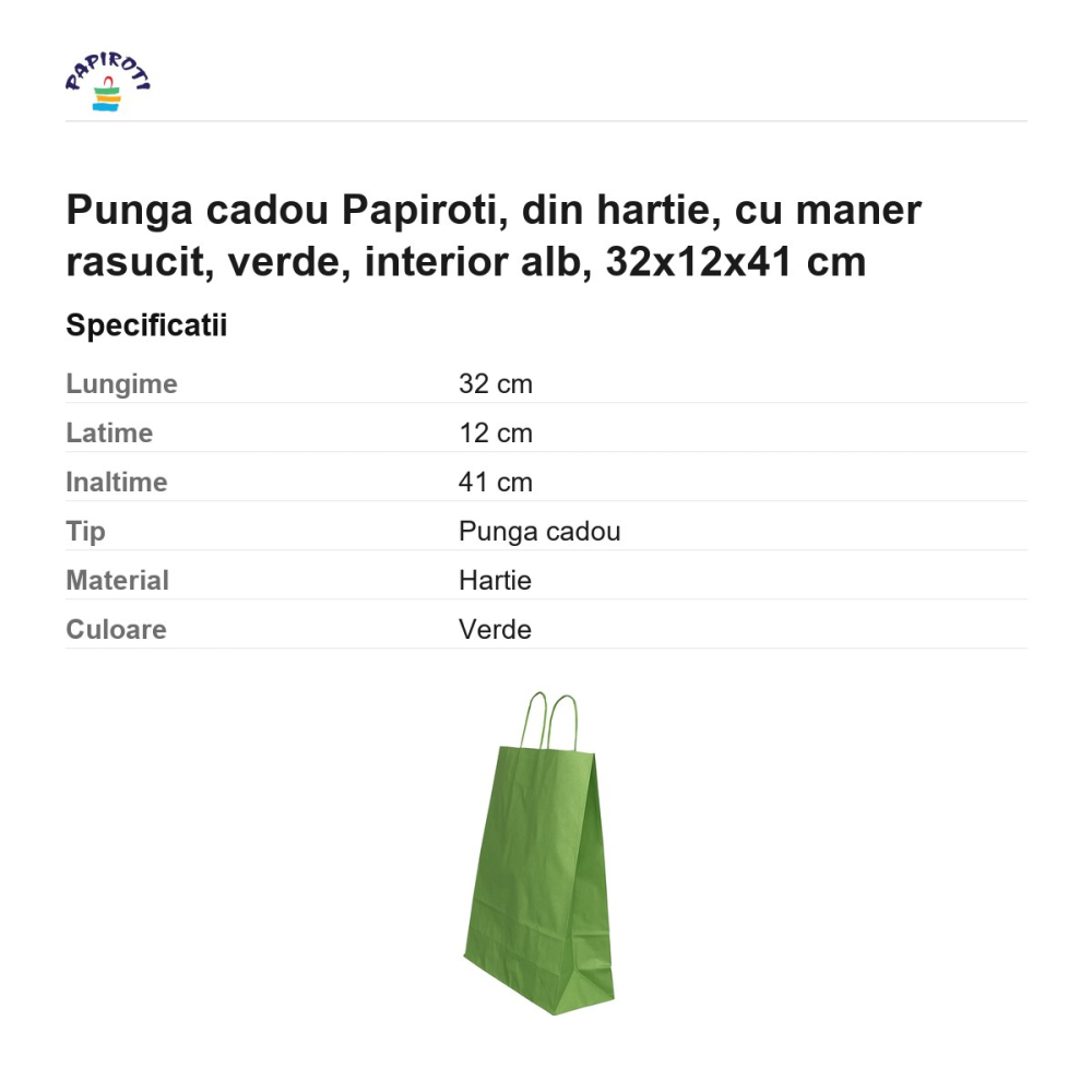 Punga cadou Papiroti, din hartie, cu maner rasucit, verde, interior alb, 32x12x41 cm [3]