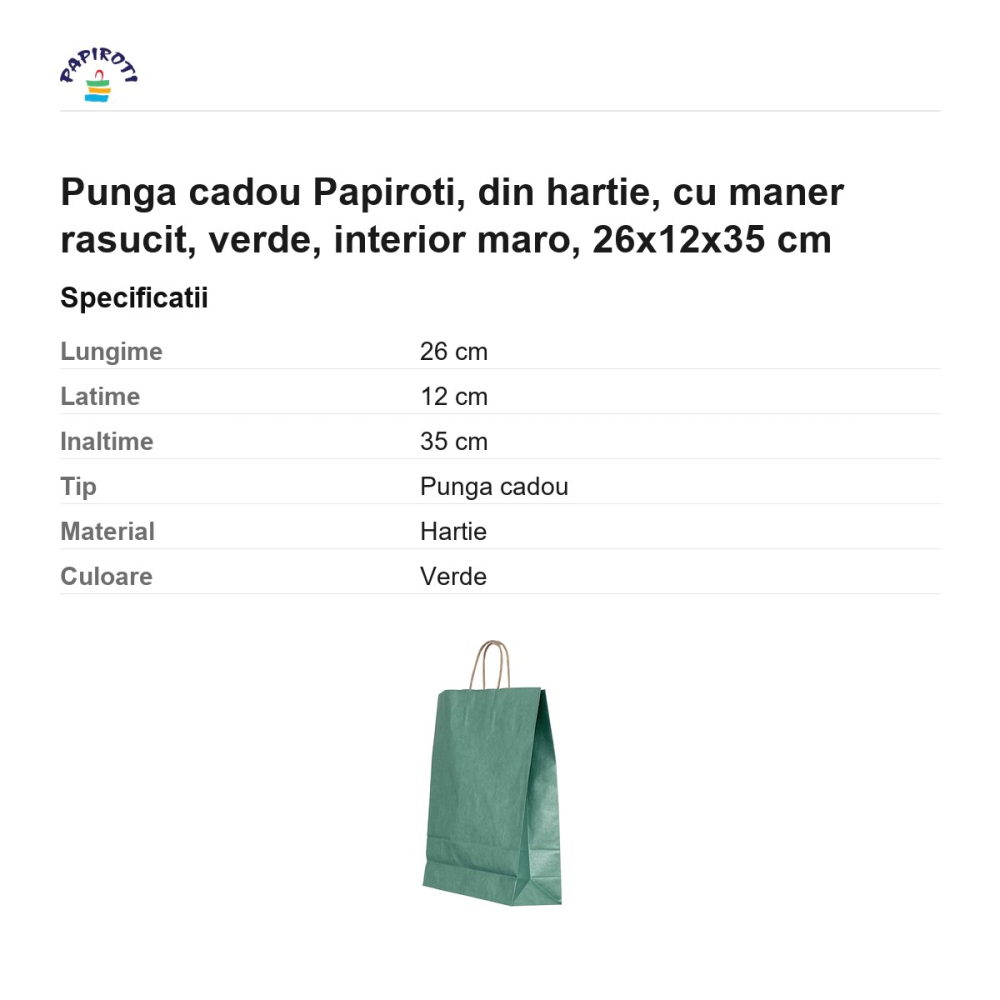 Punga cadou Papiroti, din hartie, cu maner rasucit, verde, interior maro, 26x12x35 cm [3]