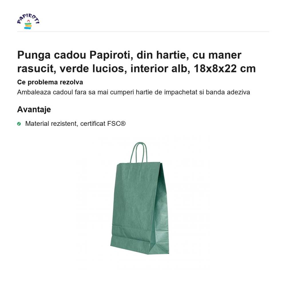 Punga cadou Papiroti, din hartie, cu maner rasucit, verde lucios, interior alb, 18x8x22 cm [2]