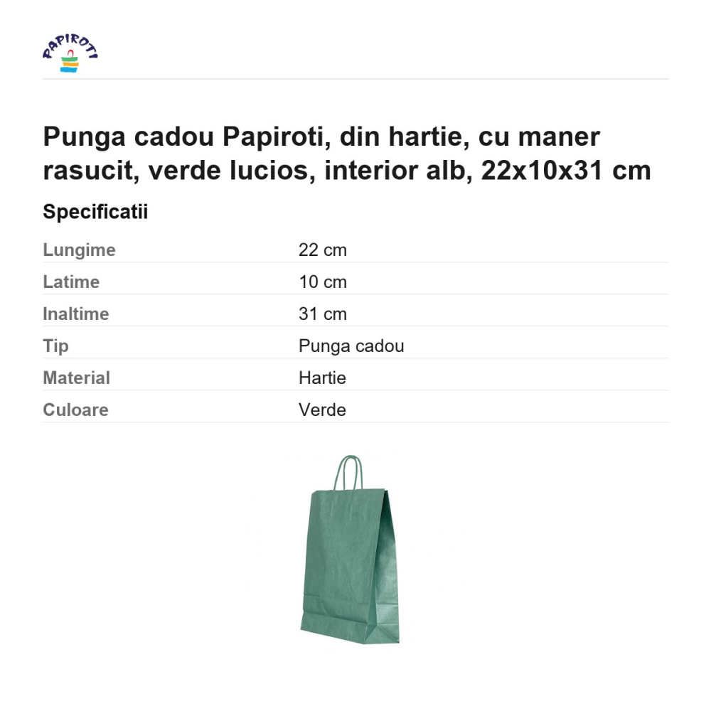 Punga cadou Papiroti, din hartie, cu maner rasucit, verde lucios, interior alb, 22x10x31 cm [3]