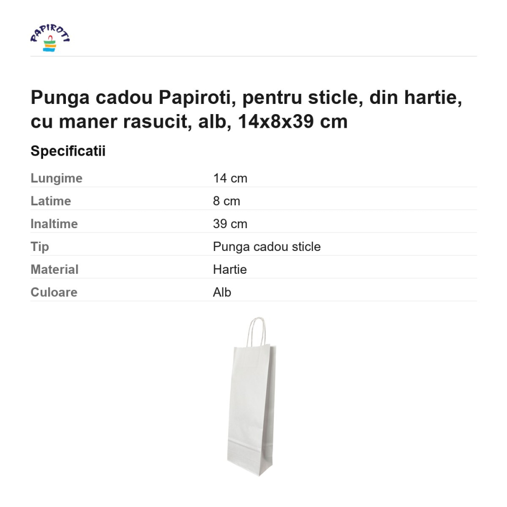 Punga cadou Papiroti, pentru sticle, din hartie, cu maner rasucit, alb, 14x8x39 cm [3]