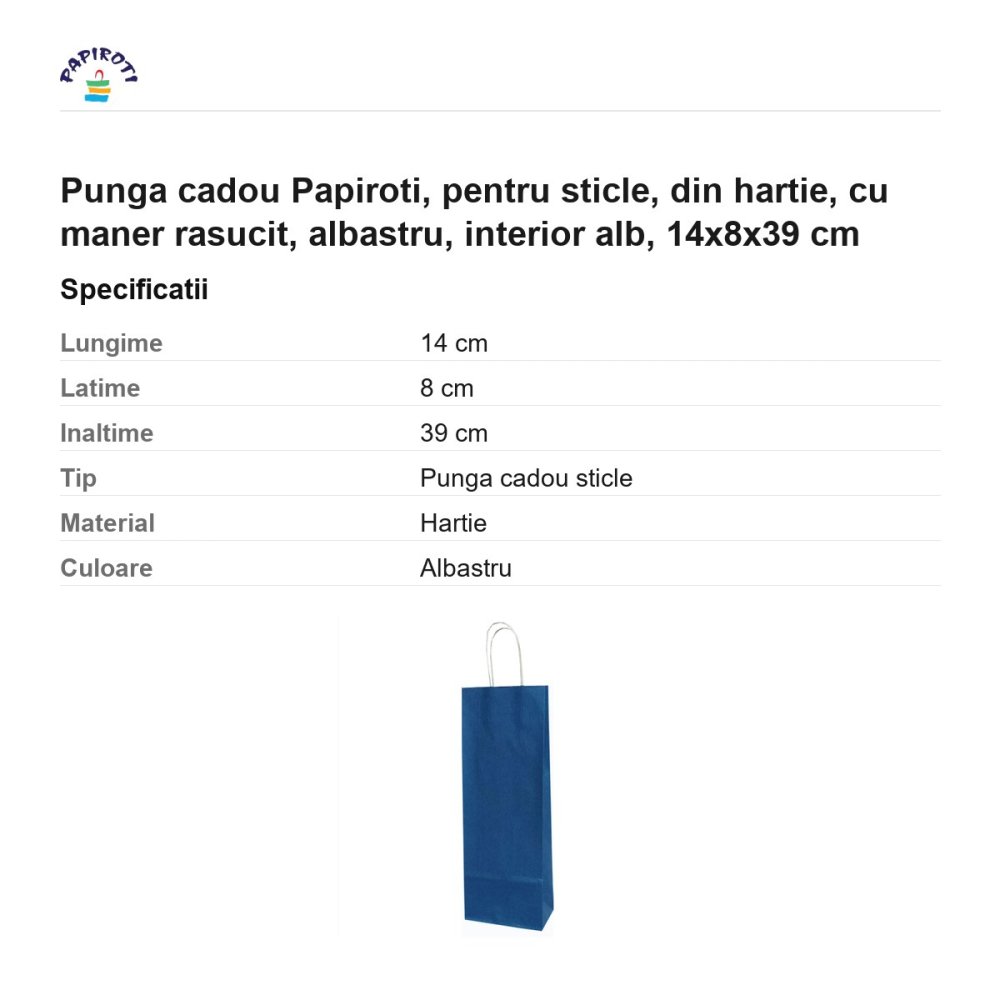 Punga cadou Papiroti, pentru sticle, din hartie, cu maner rasucit, albastru, interior alb, 14x8x39 cm [3]