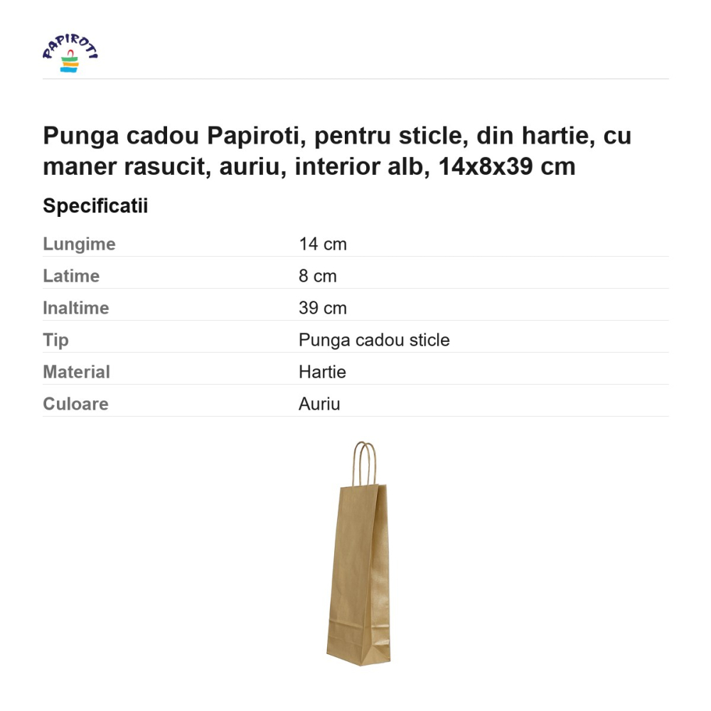 Punga cadou Papiroti, pentru sticle, din hartie, cu maner rasucit, auriu, interior alb, 14x8x39 cm [3]