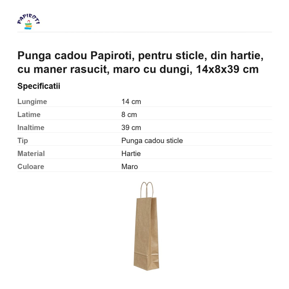 Punga cadou Papiroti, pentru sticle, din hartie, cu maner rasucit, maro cu dungi, 14x8x39 cm [3]