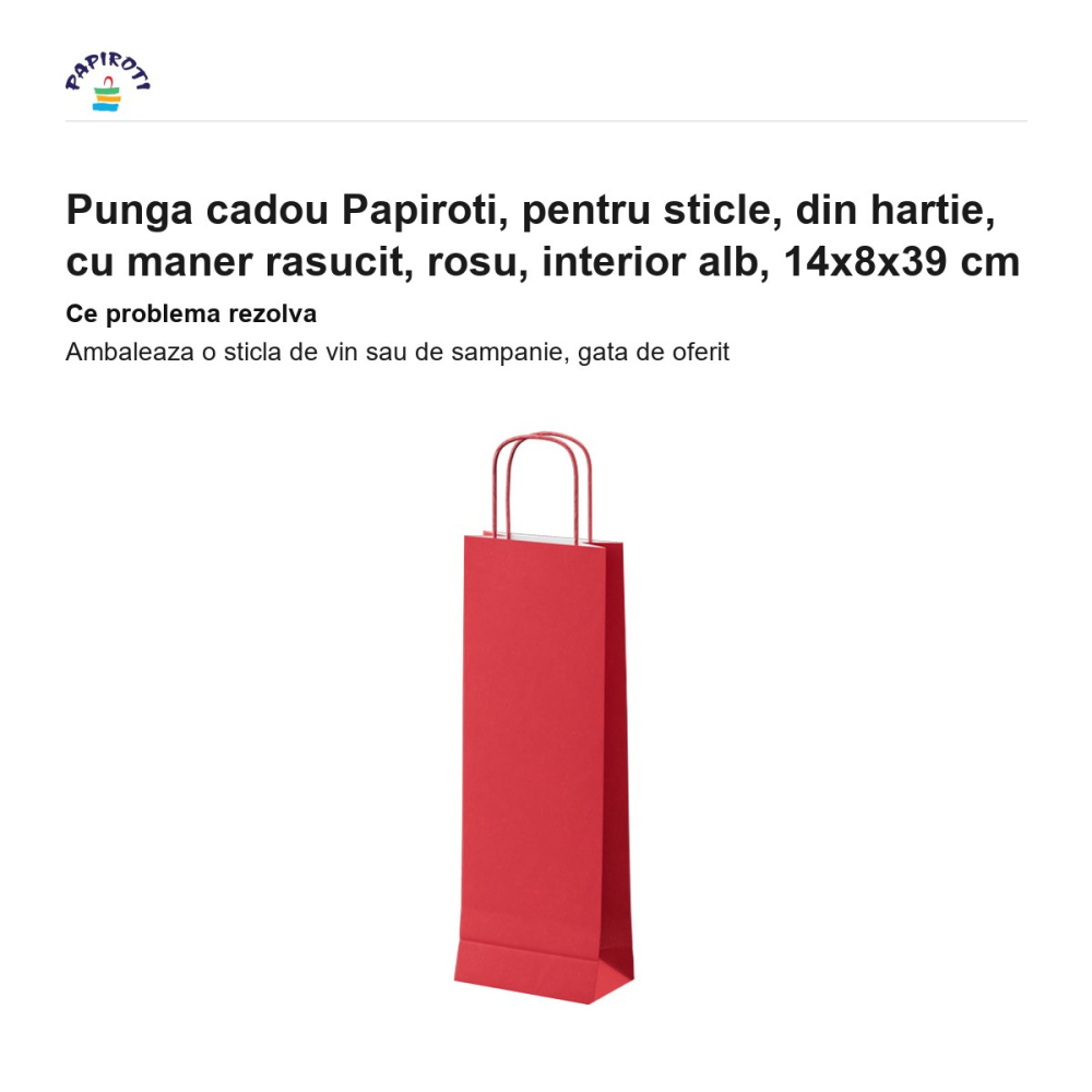 Punga cadou Papiroti, pentru sticle, din hartie, cu maner rasucit, rosu, interior alb, 14x8x39 cm [2]