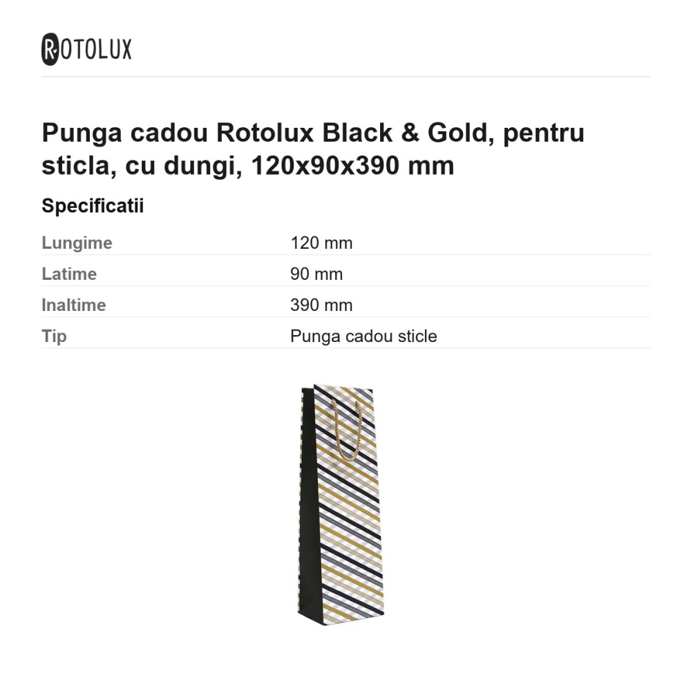 Punga cadou Rotolux Black & Gold, pentru sticla, cu dungi, 120x90x390 mm [3]