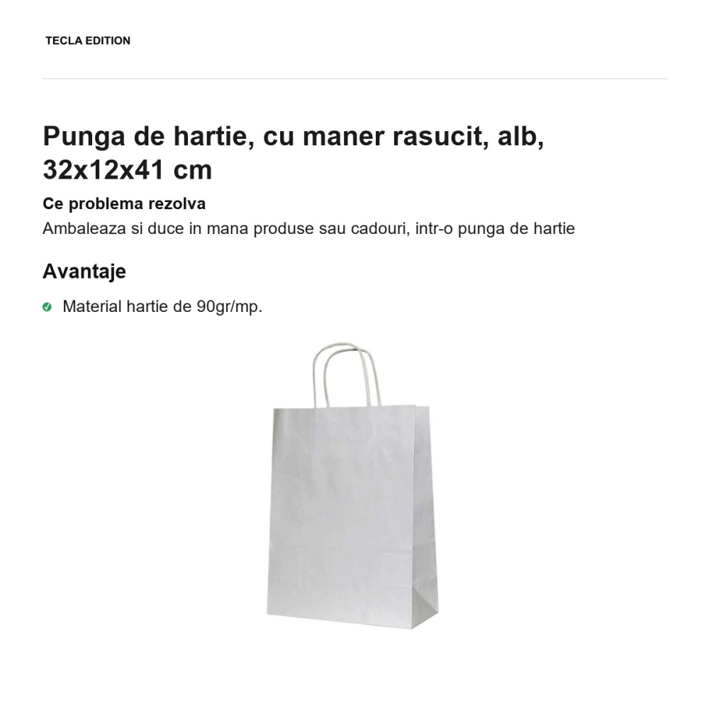 Punga de hartie, cu maner rasucit, alb, 32x12x41 cm [2]