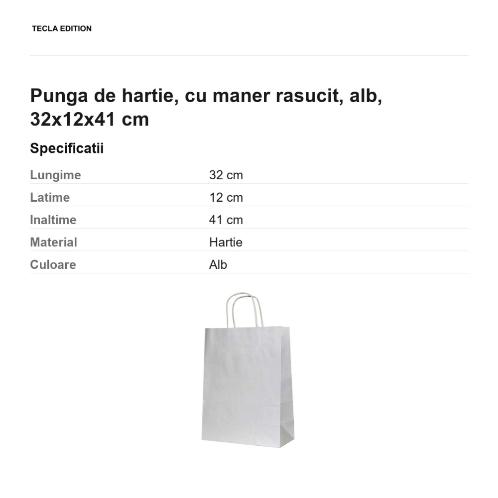 Punga de hartie, cu maner rasucit, alb, 32x12x41 cm [3]