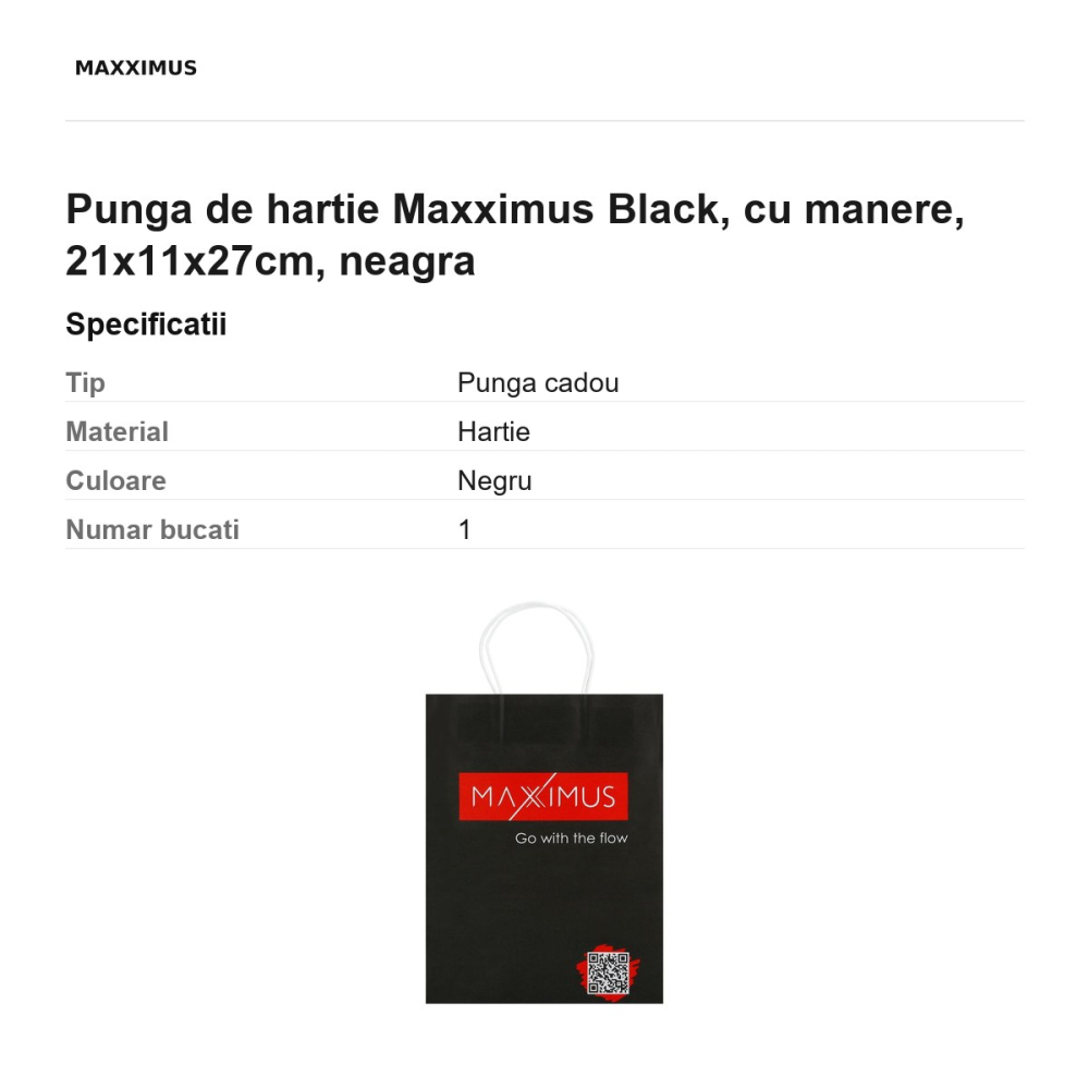 Punga de hartie Maxximus Black, cu manere,  21x11x27cm, neagra [3]