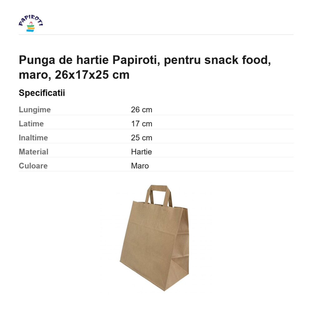 Punga de hartie Papiroti, pentru snack food, maro, 26x17x25 cm [3]