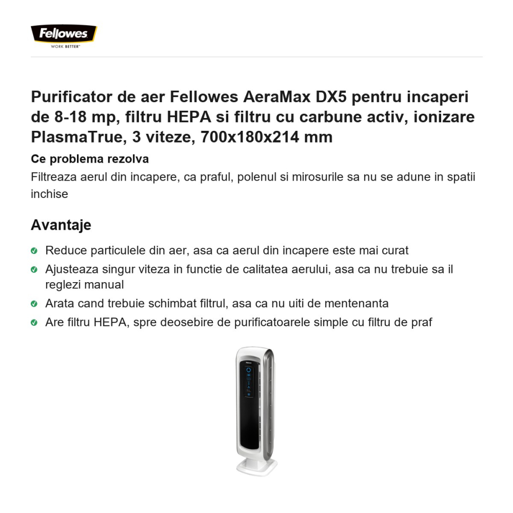 Purificator de aer Fellowes AeraMax DX5 pentru incaperi de 8-18 mp, filtru HEPA si filtru cu carbune activ, ionizare PlasmaTrue, 3 viteze, 700x180x214 mm [2]
