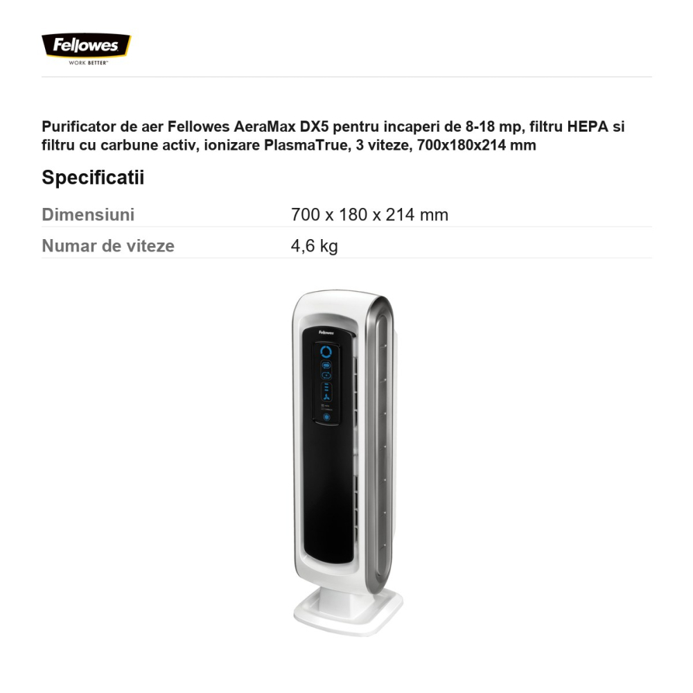 Purificator de aer Fellowes AeraMax DX5 pentru incaperi de 8-18 mp, filtru HEPA si filtru cu carbune activ, ionizare PlasmaTrue, 3 viteze, 700x180x214 mm [3]