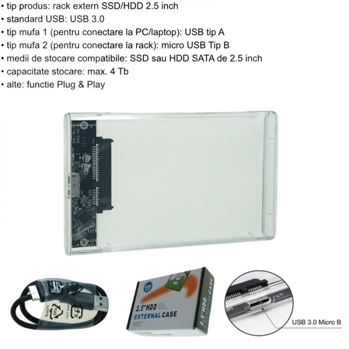 Rack extern pentru HDD/SSD 2.5 inch, USB 3.0, SATA, capacitate pana la 4TB, transparent [6]