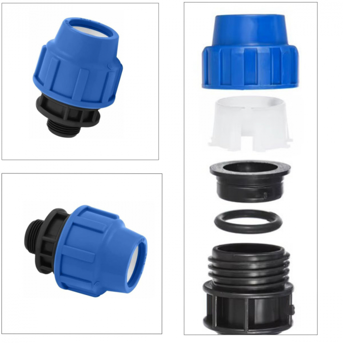 Racord adaptor hidraulic compresiune PEHD 20mm x 1/2", Filet Exterior, presiune 16 bar, pentru conducte apa si irigatii, albastru-negru [3]