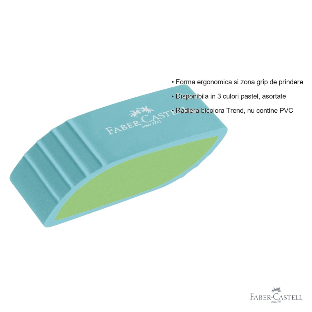 Radiera bicolora Faber-Castell Trend Shape 2019, forma ergonomica cu zona grip, fara PVC, culori pastel asortate [3]